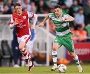 10 May 2024; Aaron Greene of Shamrock Rovers in action against Chris Forrester of St Patrick's Athletic during the SSE Airtricity Men's Premier Division match between Shamrock Rovers and St Patrick's Athletic at Tallaght Stadium in Dublin. Photo by Stephen McCarthy/Sportsfile