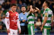 10 May 2024; Markus Poom of Shamrock Rovers, centre, reacts to a yellow card from referee Paul McLaughlin during the SSE Airtricity Men's Premier Division match between Shamrock Rovers and St Patrick's Athletic at Tallaght Stadium in Dublin. Photo by Shauna Clinton/Sportsfile
