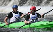 11 May 2024; Actor Jack Reynor, right, and Paul Ashmore navigate Lucan Weir whilst competing in the Touring Double T2 Class during The 63rd International Liffey Descent at Lucan Weir in Lucan, Dublin. Photo by Seb Daly/Sportsfile