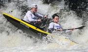 11 May 2024; Paul Donnellan and Finn Harris competing in the Open K2 class during The 63rd International Liffey Descent at Lucan Weir in Lucan, Dublin. Photo by Seb Daly/Sportsfile