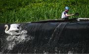 11 May 2024; John Flynn, competing in the K1 A class, attempts to navigate Lucan Weir alongside a swan during The 63rd International Liffey Descent at Lucan Weir in Lucan, Dublin. Photo by Seb Daly/Sportsfile