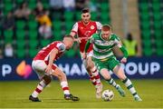 10 May 2024; Darragh Nugent of Shamrock Rovers in action against Anto Breslin of St Patrick's Athletic during the SSE Airtricity Men's Premier Division match between Shamrock Rovers and St Patrick's Athletic at Tallaght Stadium in Dublin. Photo by Stephen McCarthy/Sportsfile