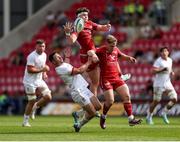 11 May 2024; Eddie James and Sam Costelow of Scarlets collide with John Cooney of Ulster during the United Rugby Championship match between Scarlets and Ulster at Parc Y Scarlets in Llanelli, Wales. Photo by Chris Fairweather/Sportsfile