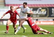 11 May 2024; Jacob Stockdale of Ulster is tackled by Ryan Conbeer and Sam Costelow of Scarlets during the United Rugby Championship match between Scarlets and Ulster at Parc Y Scarlets in Llanelli, Wales. Photo by Chris Fairweather/Sportsfile