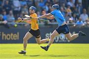 11 May 2024; James McNaughton of Antrim is tackled by John Bellew of Dublin during the Leinster GAA Hurling Senior Championship Round 3 match between Dublin and Antrim at Parnell Park in Dublin. Photo by Ben McShane/Sportsfile