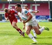 11 May 2024; Jacob Stockdale of Ulster goes over for a try during the United Rugby Championship match between Scarlets and Ulster at Parc Y Scarlets in Llanelli, Wales. Photo by Gruff Thomas/Sportsfile