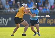 11 May 2024; Seán Currie of Dublin is tackled by Paddy Burke of Antrim during the Leinster GAA Hurling Senior Championship Round 3 match between Dublin and Antrim at Parnell Park in Dublin. Photo by Ben McShane/Sportsfile