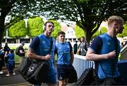 11 May 2024; Ryan Baird of Leinster, left, arrives before the United Rugby Championship match between Leinster and Ospreys at the RDS Arena in Dublin. Photo by Harry Murphy/Sportsfile
