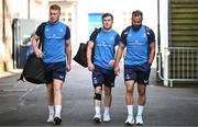 11 May 2024; Leinster players, from left, Ciarán Frawley, Luke McGrath and Jamison Gibson-Park arrive before the United Rugby Championship match between Leinster and Ospreys at the RDS Arena in Dublin. Photo by Harry Murphy/Sportsfile
