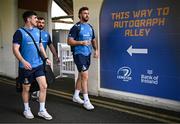 11 May 2024; Jimmy O'Brien, Rónan Kelleher and Caelan Doris of Leinster arrive before the United Rugby Championship match between Leinster and Ospreys at the RDS Arena in Dublin. Photo by Harry Murphy/Sportsfile