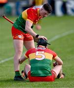 11 May 2024; Carlow players Fiachra Fitzpatrick and Tony Lawlor, 5, after the drawn Leinster GAA Hurling Senior Championship Round 3 match between Carlow and Kilkenny at Netwatch Cullen Park in Carlow. Photo by Piaras Ó Mídheach/Sportsfile