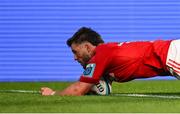 11 May 2024; Alex Nankivell of Munster scores his side's third try during the United Rugby Championship match between Munster and Connacht at Thomond Park in Limerick. Photo by Brendan Moran/Sportsfile