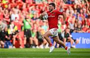11 May 2024; Alex Nankivell of Munster races clear on the way to scoring his side's third try during the United Rugby Championship match between Munster and Connacht at Thomond Park in Limerick. Photo by Brendan Moran/Sportsfile