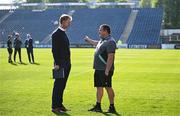 11 May 2024; Leinster head coach Leo Cullen speaks with Ospreys head coach Toby Booth before the United Rugby Championship match between Leinster and Ospreys at the RDS Arena in Dublin. Photo by Harry Murphy/Sportsfile