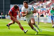 11 May 2024; Jacob Stockdale of Ulster goes round Tomi Lewis of Scarlets to score a try during the United Rugby Championship match between Scarlets and Ulster at Parc Y Scarlets in Llanelli, Wales. Photo by Gruff Thomas/Sportsfile