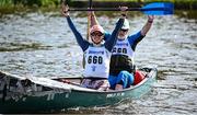 11 May 2024; Simon Kenny and Mark Taylor celebrate after finishing The 63rd International Liffey Descent at Garda Boat Club in Dublin. Photo by Seb Daly/Sportsfile