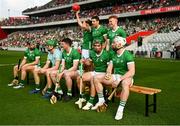 11 May 2024; Seán Finn, left, and Cian Lynch of Limerick wait on the bench for the team photo ahead of the Munster GAA Hurling Senior Championship Round 3 match between Cork and Limerick at SuperValu Páirc Ui Chaoimh in Cork. Photo by Daire Brennan/Sportsfile