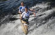 11 May 2024; Anthony Forristal and Dermot Forristal, competing in the Open K2 class, during The 63rd International Liffey Descent at Lucan Weir in Lucan, Dublin. Photo by Seb Daly/Sportsfile