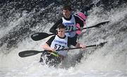 11 May 2024; Adam Foster and Robert Hetherington, competing in the Open K2 class, during The 63rd International Liffey Descent at Lucan Weir in Lucan, Dublin. Photo by Seb Daly/Sportsfile
