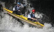 11 May 2024; John Keegan and Eamonn O’Callanain, competing in the Touring Double T2 class, during The 63rd International Liffey Descent at Lucan Weir in Lucan, Dublin. Photo by Seb Daly/Sportsfile