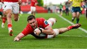 11 May 2024; Tom Ahern of Munster scores his side's sixth try during the United Rugby Championship match between Munster and Connacht at Thomond Park in Limerick. Photo by Brendan Moran/Sportsfile