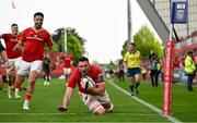 11 May 2024; Tom Ahern of Munster scores his side's sixth try during the United Rugby Championship match between Munster and Connacht at Thomond Park in Limerick. Photo by Brendan Moran/Sportsfile