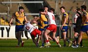 11 May 2024; Senan Lambe of Roscommon tussles with Tyrone players Michael Rafferty, 6, and Paddy McCann, 18, during the EirGrid GAA All-Ireland Football U20 Championship semi-final match between Roscommon and Tyrone at Kingspan Breffni in Cavan. Photo by Sam Barnes/Sportsfile