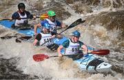 11 May 2024; Lee Corcoran and Gerard O’Reilly, front boat, and Ivan Barrett and Orla O'Brien, both competing in the Touring Double T2 class, during The 63rd International Liffey Descent at The K Club in Straffan, Kildare. Photo by Seb Daly/Sportsfile