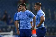 11 May 2024; Jimmy O'Brien and Jordan Larmour of Leinster before the United Rugby Championship match between Leinster and Ospreys at the RDS Arena in Dublin. Photo by Harry Murphy/Sportsfile