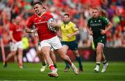 11 May 2024; Shane Daly of Munster on the way to scoring his side's seventh try during the United Rugby Championship match between Munster and Connacht at Thomond Park in Limerick. Photo by Brendan Moran/Sportsfile