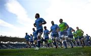 11 May 2024; Leinster captain Caelan Doris leads the team before the United Rugby Championship match between Leinster and Ospreys at the RDS Arena in Dublin. Photo by Harry Murphy/Sportsfile