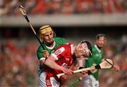 11 May 2024; Ethan Twomey of Cork in action against Cathal O Neill of Limerick during the Munster GAA Hurling Senior Championship Round 3 match between Cork and Limerick at SuperValu Páirc Ui Chaoimh in Cork. Photo by Daire Brennan/Sportsfile