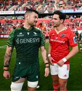 11 May 2024; Conor Oliver of Connacht, left, and Joey Carbery of Munster after the United Rugby Championship match between Munster and Connacht at Thomond Park in Limerick. Photo by Brendan Moran/Sportsfile