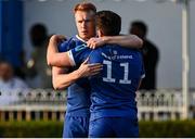 11 May 2024; Jimmy O'Brien of Leinster celebrates with teammate Ciarán Frawley after scoring his side's first try during the United Rugby Championship match between Leinster and Ospreys at the RDS Arena in Dublin. Photo by Harry Murphy/Sportsfile