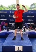 11 May 2024; Callum Brown after winning the Junior K1 B class at The 63rd International Liffey Descent at Garda Boat Club in Dublin. Photo by Seb Daly/Sportsfile