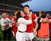 11 May 2024; Robert Downey of Cork celebrates with his mother Angela after the Munster GAA Hurling Senior Championship Round 3 match between Cork and Limerick at SuperValu Páirc Ui Chaoimh in Cork. Photo by Daire Brennan/Sportsfile