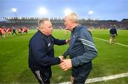 11 May 2024; Limerick manager John Kiely, right, and Cork manager Pat Ryan shake hands after the Munster GAA Hurling Senior Championship Round 3 match between Cork and Limerick at SuperValu Páirc Ui Chaoimh in Cork. Photo by Stephen McCarthy/Sportsfile