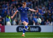 11 May 2024; Ciarán Frawley of Leinster kicks a conversion during the United Rugby Championship match between Leinster and Ospreys at the RDS Arena in Dublin. Photo by Ben McShane/Sportsfile