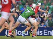 11 May 2024; Shane Kingston of Cork is fouled by Kyle Hayes of Limerick, resulting in a penalty being awarded to Cork late in the Munster GAA Hurling Senior Championship Round 3 match between Cork and Limerick at SuperValu Páirc Ui Chaoimh in Cork. Photo by Stephen McCarthy/Sportsfile