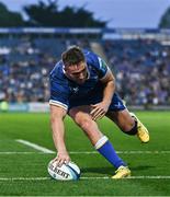 11 May 2024; Jordan Larmour of Leinster scores his side's eighth try during the United Rugby Championship match between Leinster and Ospreys at the RDS Arena in Dublin. Photo by Ben McShane/Sportsfile
