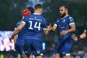 11 May 2024; Jordan Larmour of Leinster celebrates with teammate Jamison Gibson-Park, right, after scoring their side's eighth try during the United Rugby Championship match between Leinster and Ospreys at the RDS Arena in Dublin. Photo by Ben McShane/Sportsfile