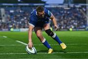 11 May 2024; Jordan Larmour of Leinster scores his side's eighth try during the United Rugby Championship match between Leinster and Ospreys at the RDS Arena in Dublin. Photo by Ben McShane/Sportsfile
