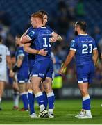 11 May 2024; Ryan Baird, left, and Ciarán Frawley of Leinster celebrate after the United Rugby Championship match between Leinster and Ospreys at the RDS Arena in Dublin. Photo by Ben McShane/Sportsfile