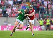 11 May 2024; Gearóid Hegarty of Limerick in action against Mark Coleman of Cork during the Munster GAA Hurling Senior Championship Round 3 match between Cork and Limerick at SuperValu Páirc Ui Chaoimh in Cork. Photo by Daire Brennan/Sportsfile