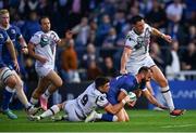11 May 2024; Jamison Gibson-Park of Leinster is tackled by Reuben Morgan-Williams of Ospreys during the United Rugby Championship match between Leinster and Ospreys at the RDS Arena in Dublin. Photo by Ben McShane/Sportsfile