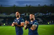 11 May 2024; Andrew Porter and Jason Jenkins of Leinster after their side's victory in the United Rugby Championship match between Leinster and Ospreys at the RDS Arena in Dublin. Photo by Harry Murphy/Sportsfile