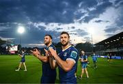 11 May 2024; Caelan Doris and Jason Jenkins of Leinster after their side's victory in the United Rugby Championship match between Leinster and Ospreys at the RDS Arena in Dublin. Photo by Harry Murphy/Sportsfile