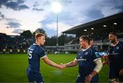 11 May 2024; Ciarán Frawley and Tadhg Furlong of Leinster after their side's victory in the United Rugby Championship match between Leinster and Ospreys at the RDS Arena in Dublin. Photo by Harry Murphy/Sportsfile