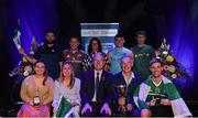 11 May 2024; Winners of the Nuachleas competition, The An Bhánóg team, including Kieran Larkin, Michael Larkin, Danielle Meade, Eilish Griffin, William Dore, Pearse Gavin, JP Costello and Einne Hehir, representing Limerick and Munster with Uachtarán Chumann Lúthchleas Gael Jarlath Burns during the Scór Sinsear 2024 All-Ireland Finals at the INEC Arena in Killarney, Kerry. Photo by Shauna Clinton/Sportsfile