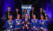 11 May 2024; Winners of the Rince Seit competition, The CLG an Spá team, including Liam Spillane, Garry O'Sullivan, Darragh Brosnan, Kianan O'Doherty, Anna O'Connor, Katie O'Connor, Meghann Cronin and Áine Brosnan, representing Kerry and Munster with Uachtarán Chumann Lúthchleas Gael Jarlath Burns during the Scór Sinsear 2024 All-Ireland Finals at the INEC Arena in Killarney, Kerry. Photo by Shauna Clinton/Sportsfile